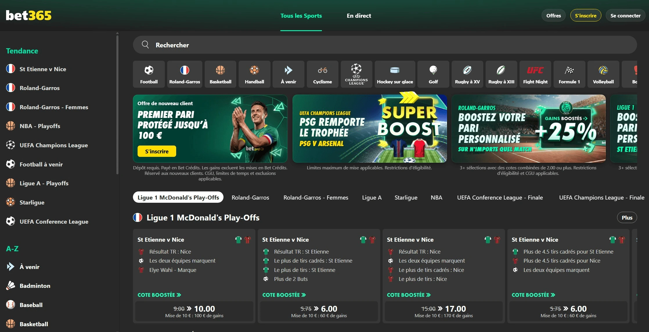 Capture d’écran fournie de l’interface de paris sportifs bet365 en français
