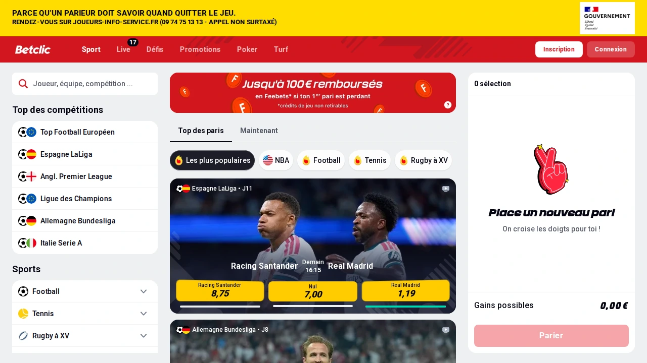 Capture d’écran de l’interface française de paris sportifs de Betclic