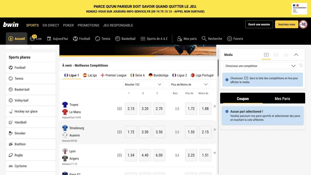 Capture d’écran de l’interface de paris sportifs française de bwin