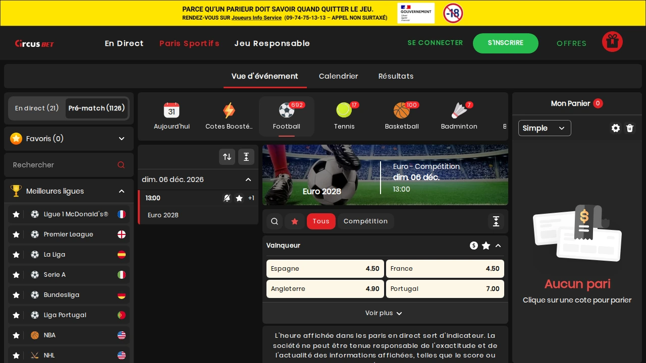 Capture d’écran de l’interface française de paris sportifs de CircusBet