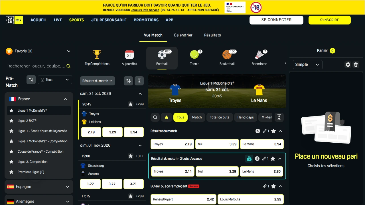 Capture d’écran de l’interface française de paris sportifs de DAZN Bet