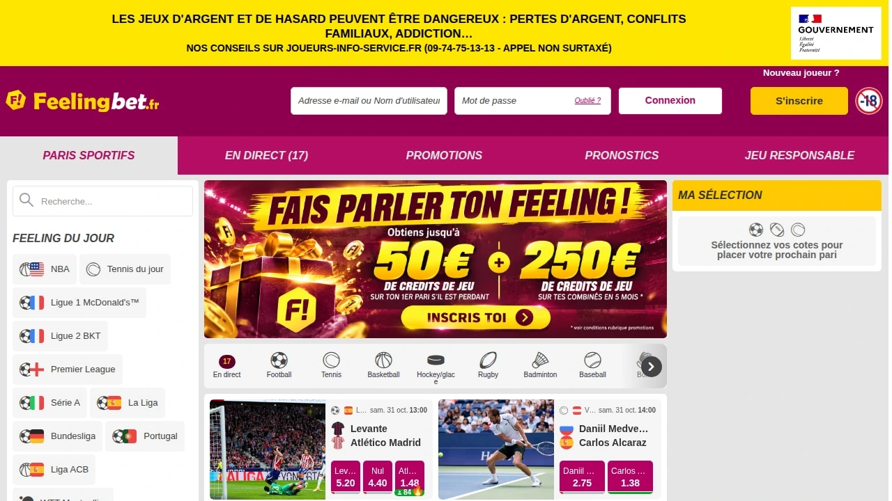 Capture d’écran de l’interface française de paris sportifs de Feelingbet