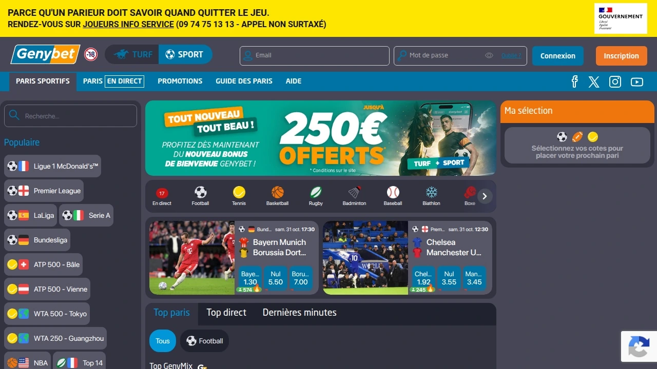 Capture d’écran de l’interface française de paris sportifs de Genybet