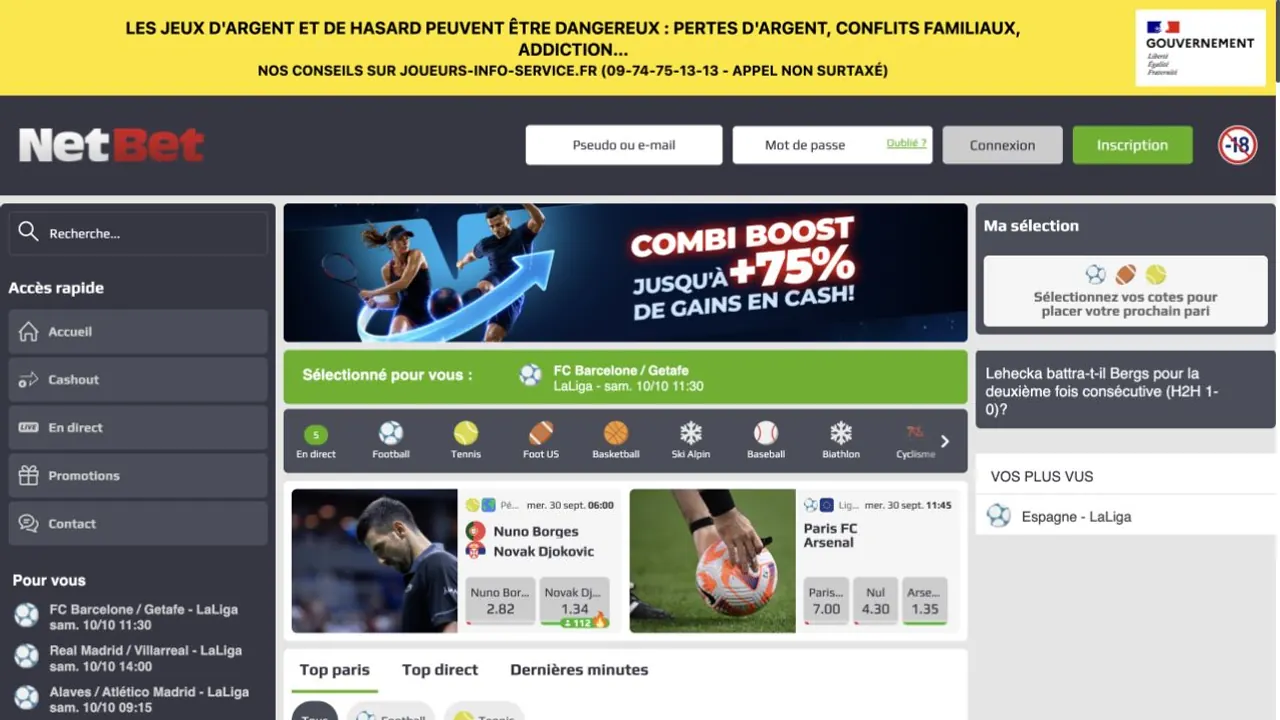 Capture d’écran de la page d’accueil paris sportifs de NetBet