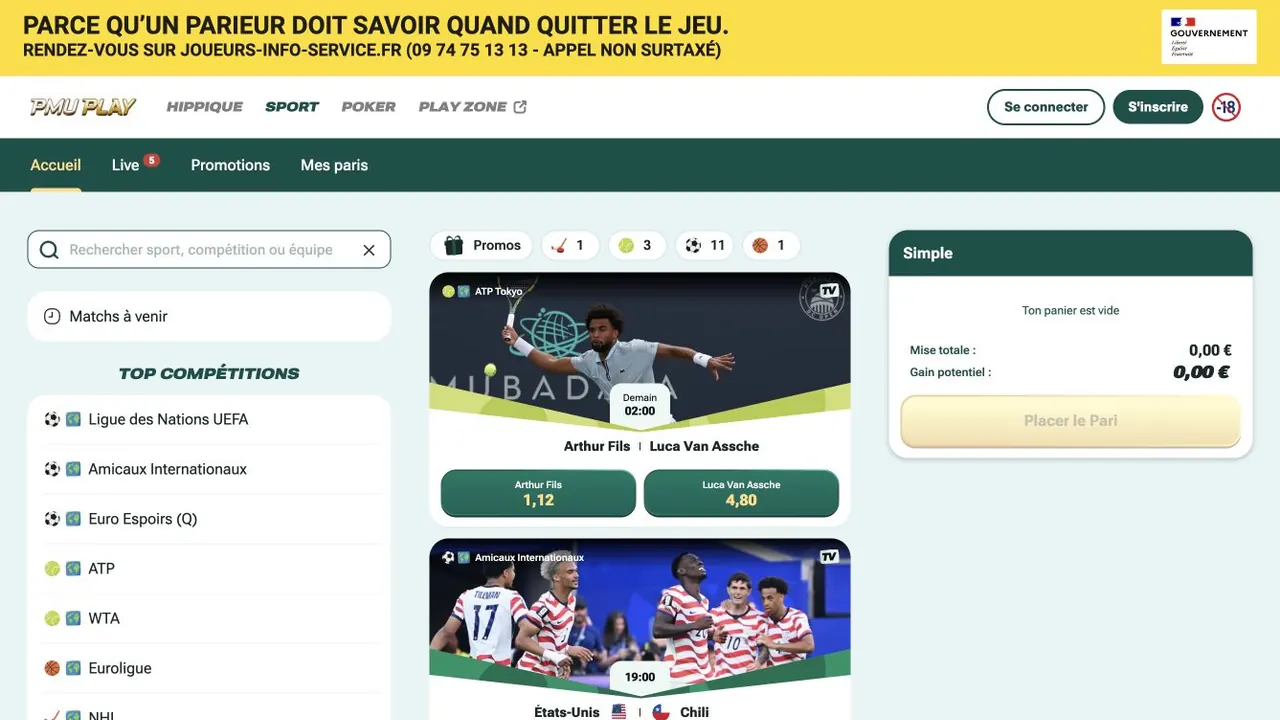 Capture d’écran de la page d’accueil paris sportifs de PMU