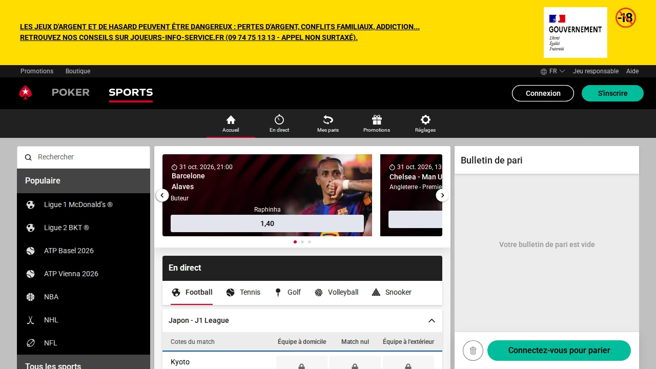 Capture d’écran de l’interface française de paris sportifs de PokerStars Sports