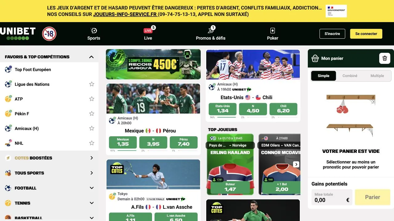 Capture d’écran de la page d’accueil paris sportifs d’Unibet