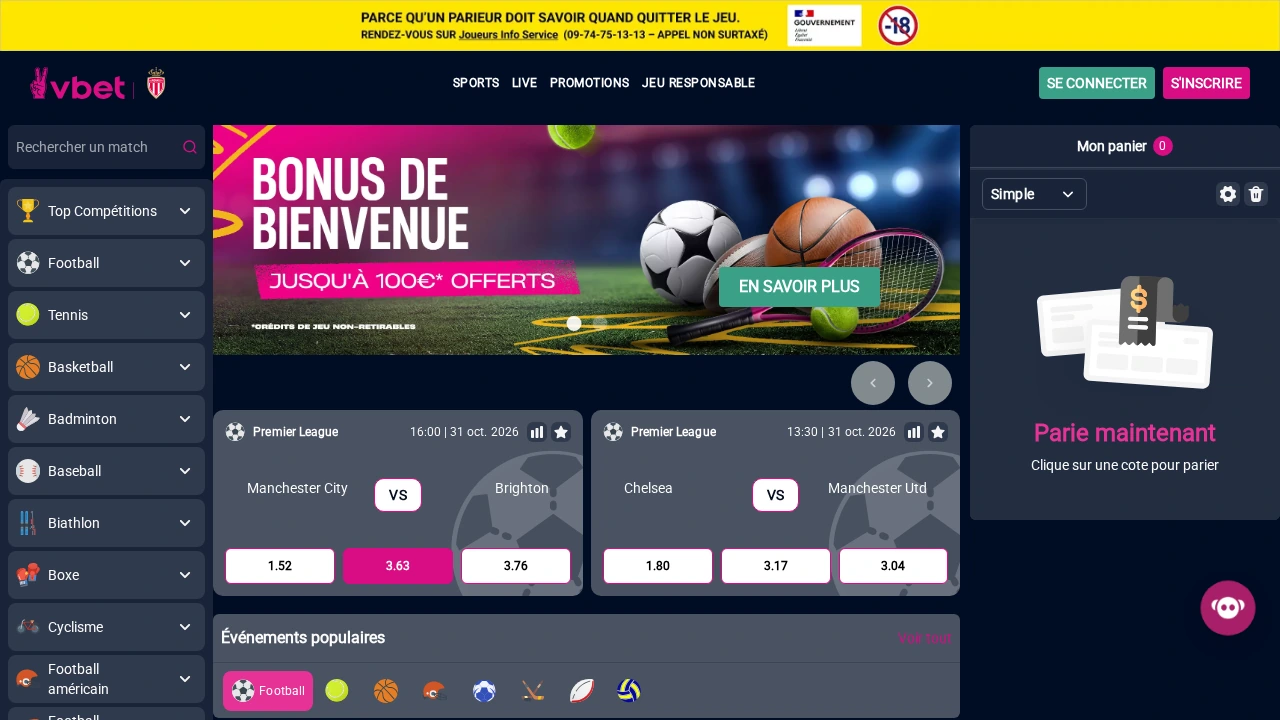 Capture d’écran de l’interface française de paris sportifs de VBET