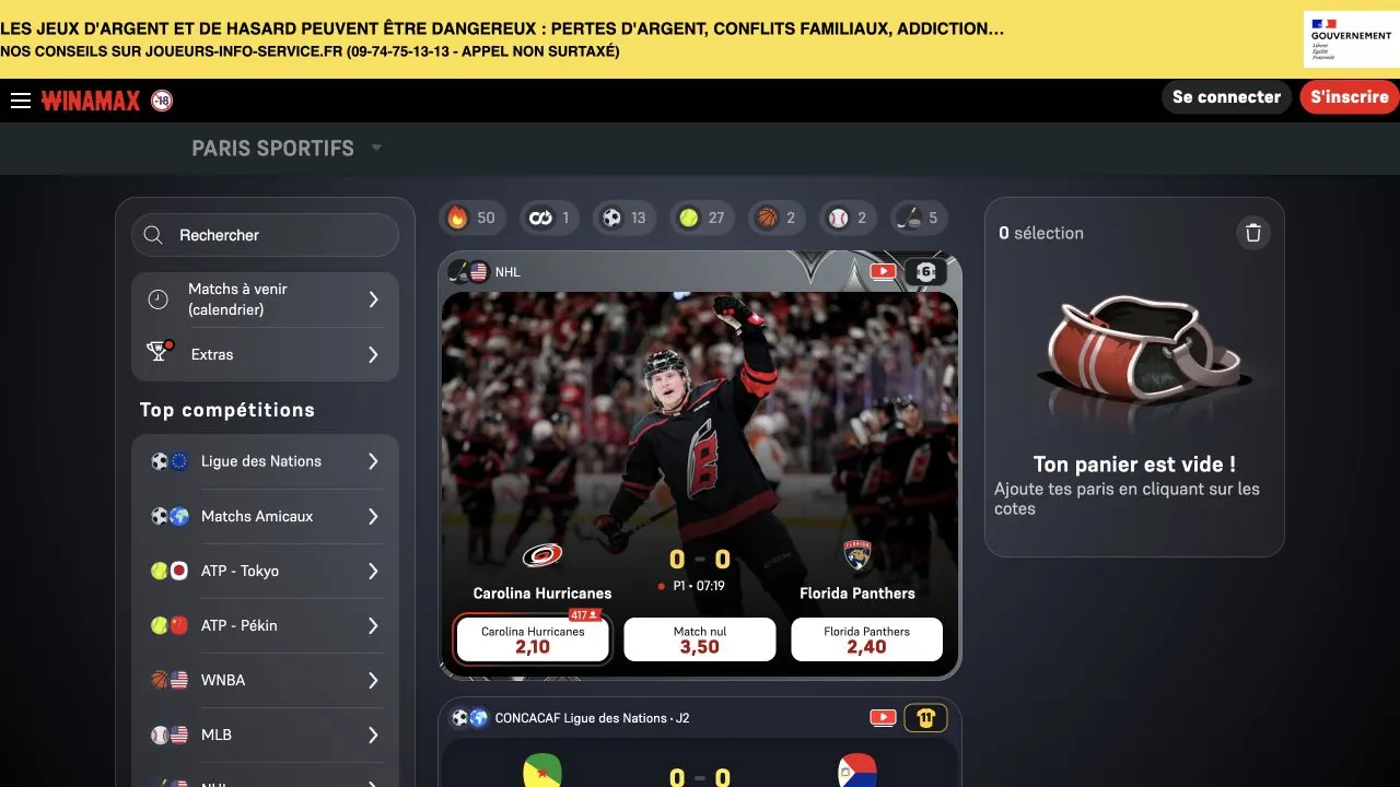 Capture d’écran de la page d’accueil paris sportifs de Winamax