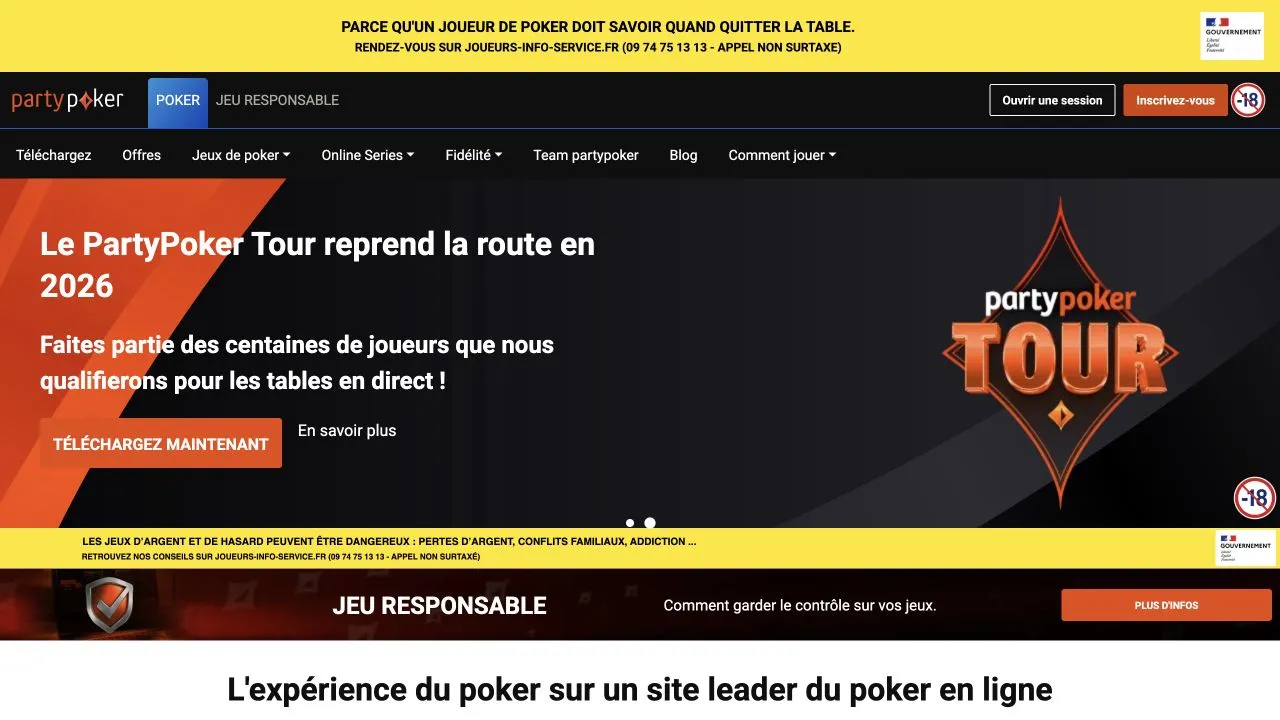 Capture d’écran de la page d’accueil poker de partypoker