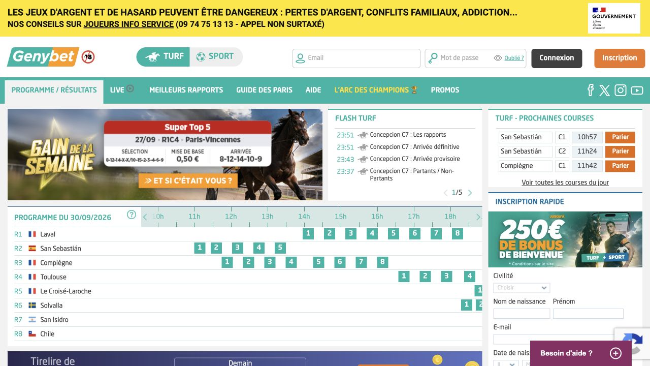 Capture d’écran de la page d’accueil hippique de Genybet