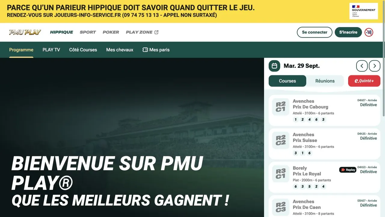 Capture d’écran de la page d’accueil hippique de PMU